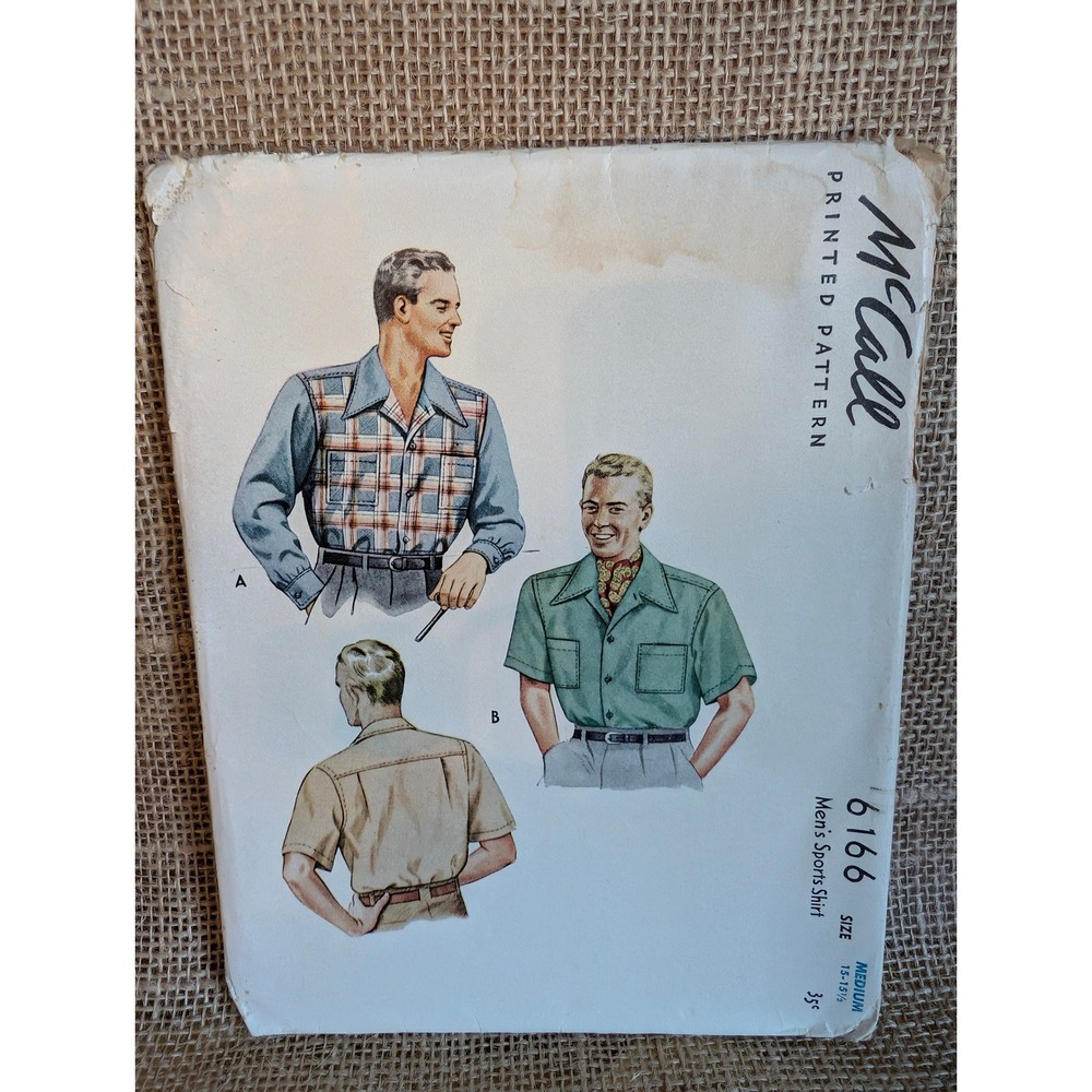 Vintage 1945 McCall 6166 Mens Sports Shirt Sewing Pattern Size Medium 15-15.5